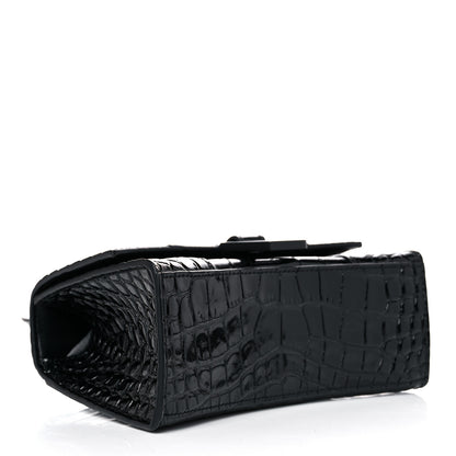 Balenciaga Shiny Calfskin Monochrome Crocodile Embossed Hourglass Top Handle Bag XS Black 4 of 15