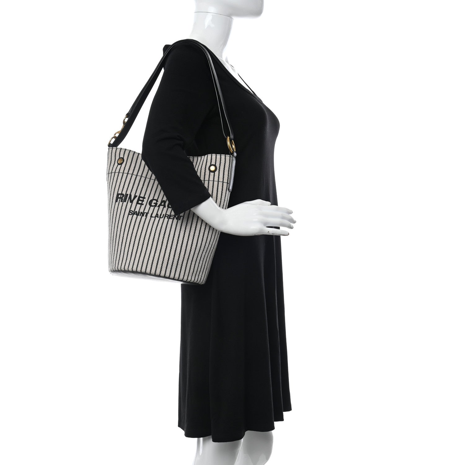 Saint Laurent Linen Calfskin Striped Rive Gauche Bucket Bag Grey Cream Black 2 of 15