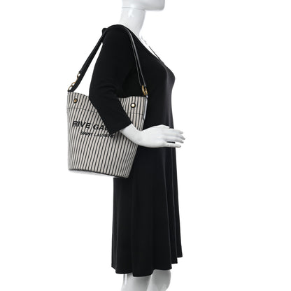 Saint Laurent Linen Calfskin Striped Rive Gauche Bucket Bag Grey Cream Black 2 of 15