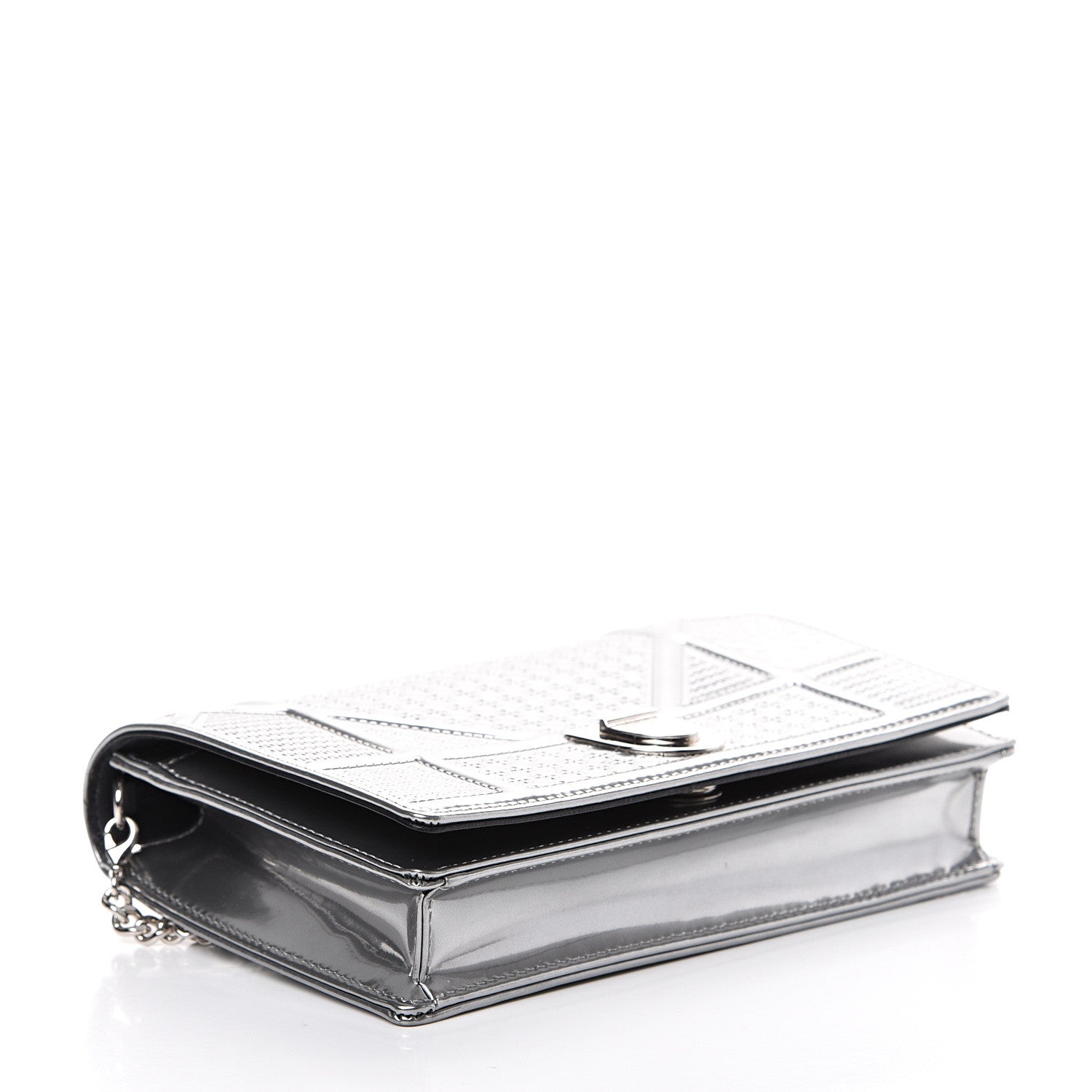 Christian Dior Metallic Patent Micro-Cannage Diorama Wallet on Chain Pouch Silver 3 of 12