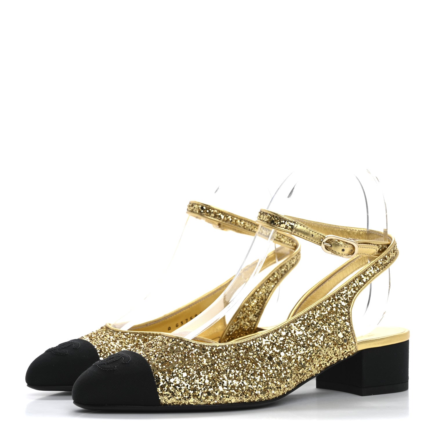 Chanel Glitter Grosgrain Cap Toe CC Slingback Pumps 37 Gold Black 4 of 9