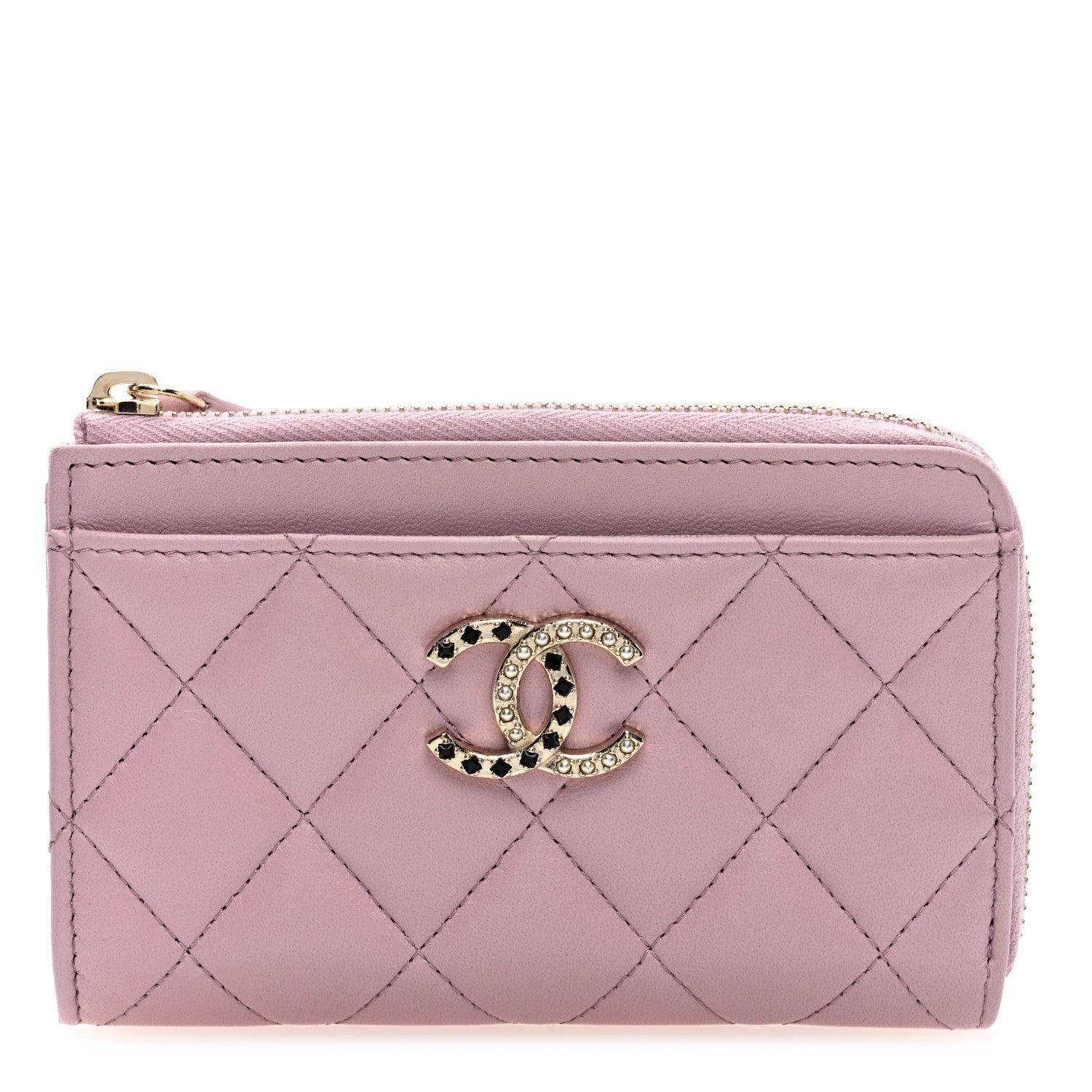 Chanel Lambskin Quilted Pearl Crystal CC Zip Around Card Holder Pink 1 of 7