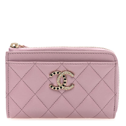 Chanel Lambskin Quilted Pearl Crystal CC Zip Around Card Holder Pink 1 of 7