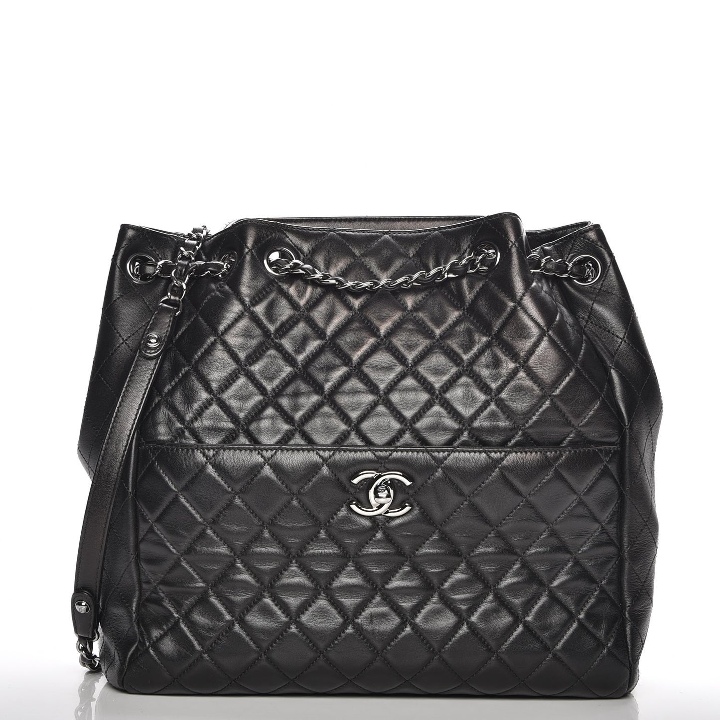 Lambskin Quilted Large Drawstring Bag Black