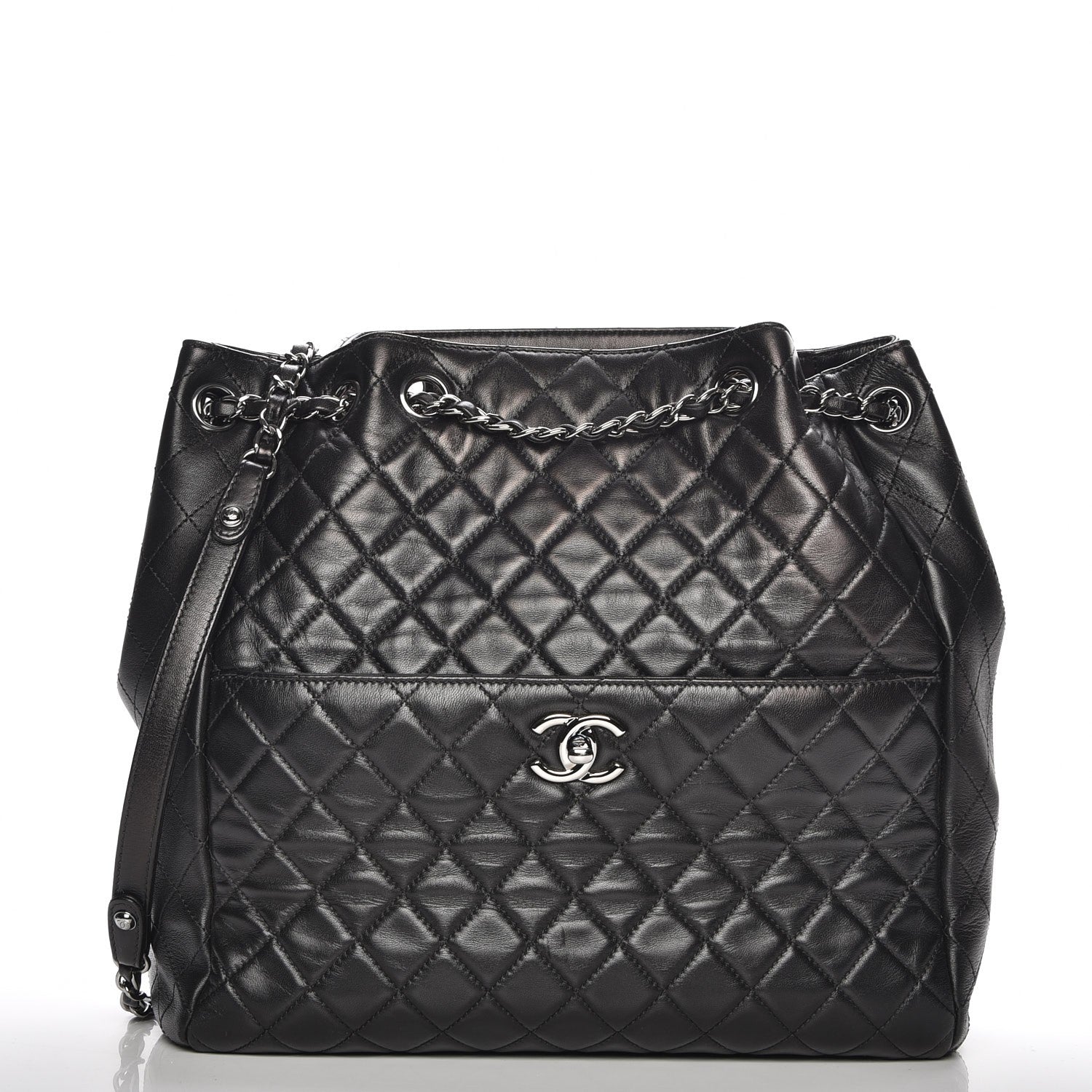 Chanel Lambskin Quilted Large Drawstring Bag Black 3 of 8