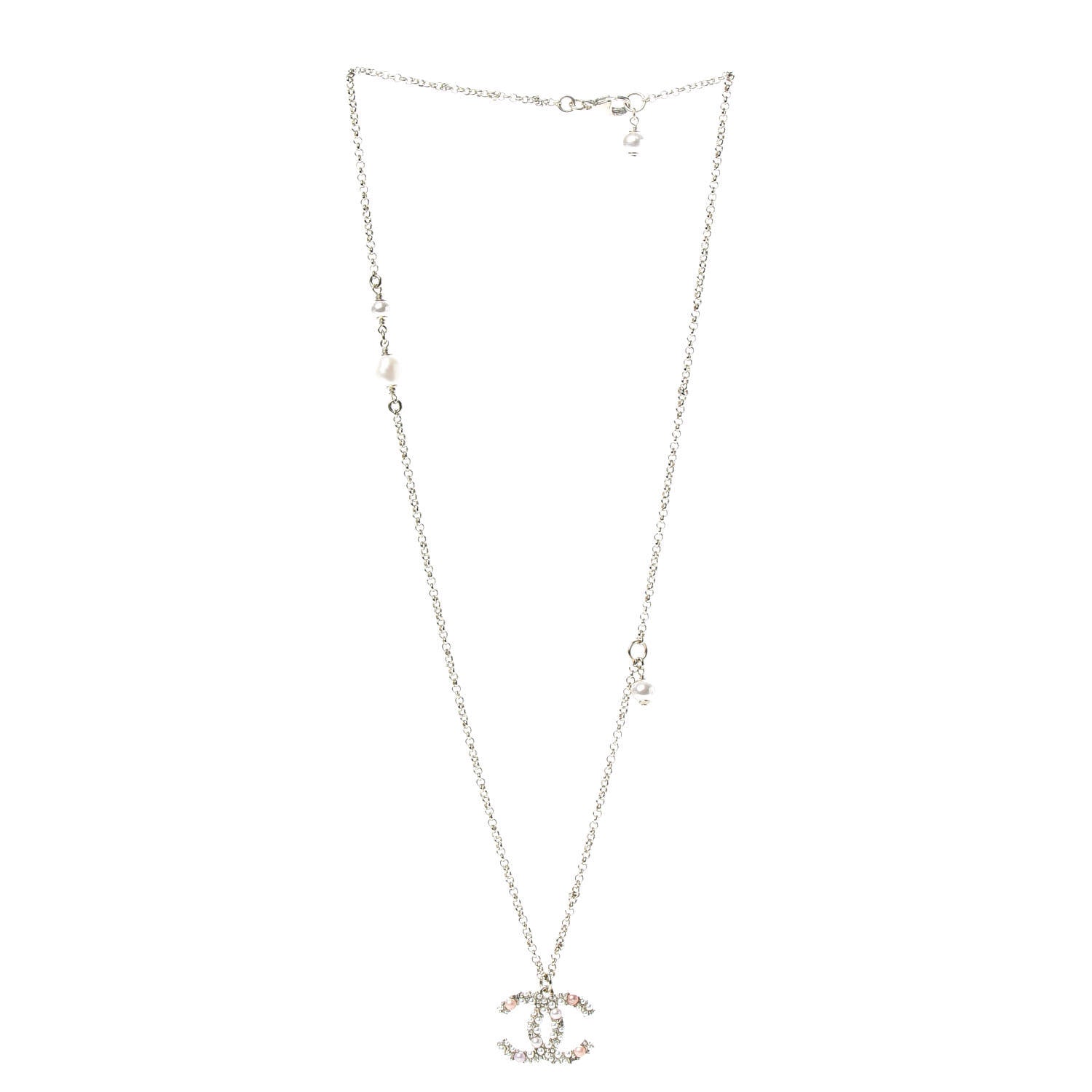 Chanel Crystal Pearl CC Pendant Necklace Gold Pink 3 of 5