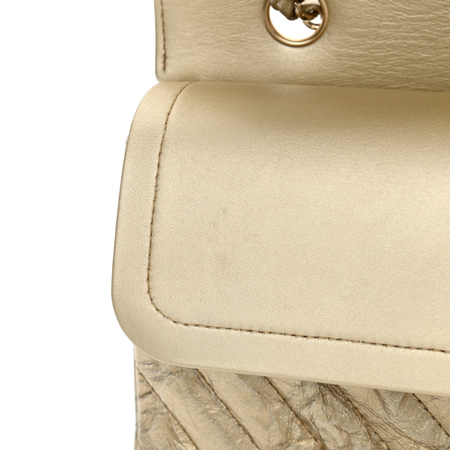 Metallic Patent Crumpled Calfskin Chevron Quilted Medium Double Flap Gold