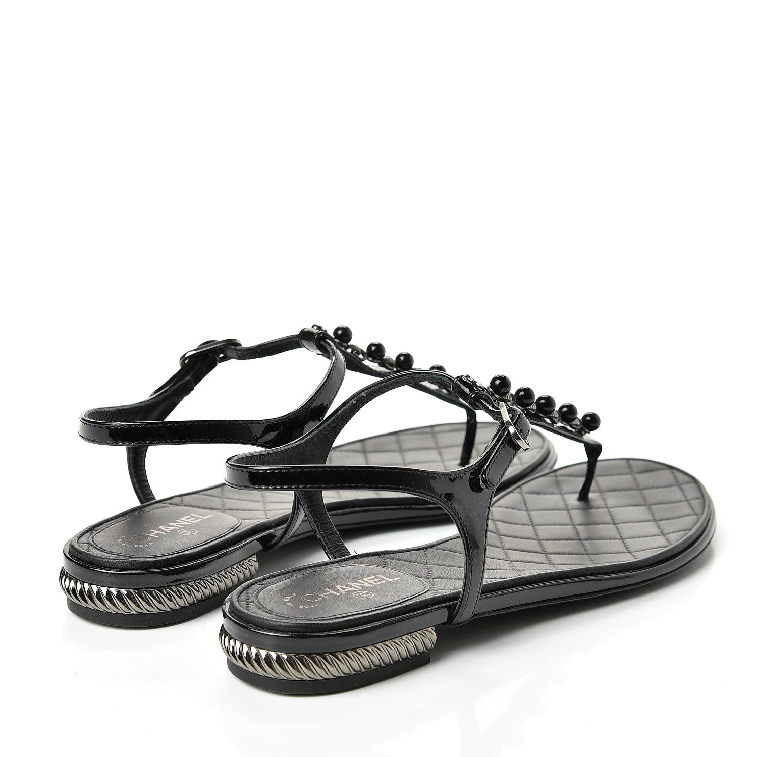 Chanel Patent Beaded CC Thong Sandals 37.5 Black 4 of 10