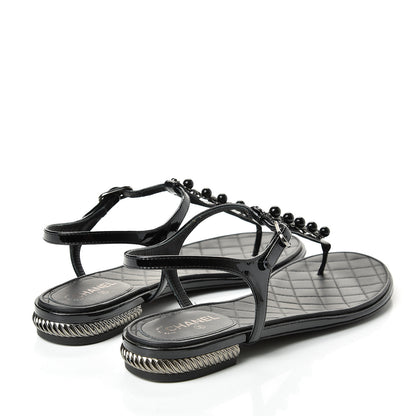 Chanel Patent Beaded CC Thong Sandals 37.5 Black 4 of 10