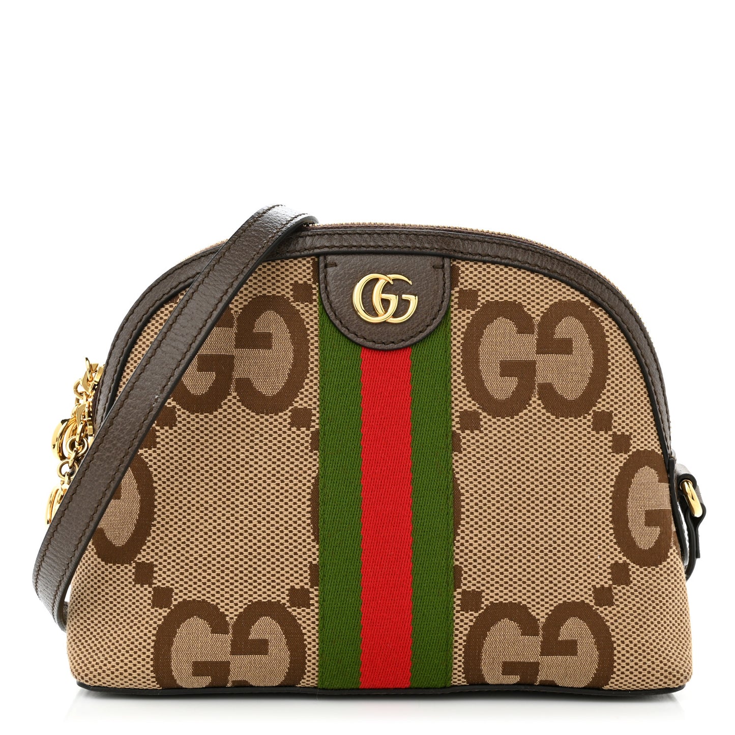 Monogram Jumbo GG Textured Dollar Calfskin Web Small Ophidia Dome Shoulder Bag Camel Ebony New Acero