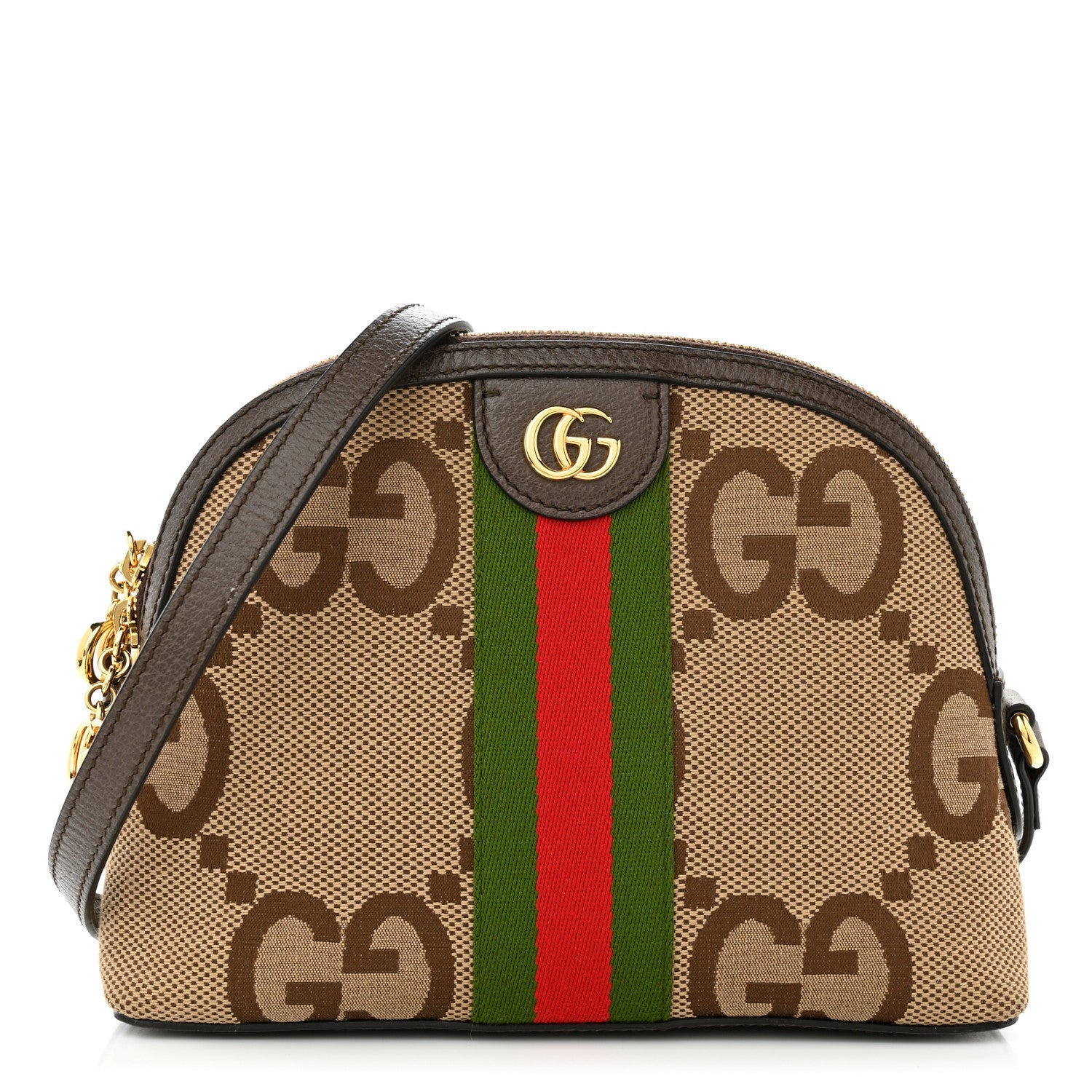 Gucci Monogram Jumbo GG Textured Dollar Calfskin Web Small Ophidia Dome Shoulder Bag Camel Ebony New Acero 1 of 13
