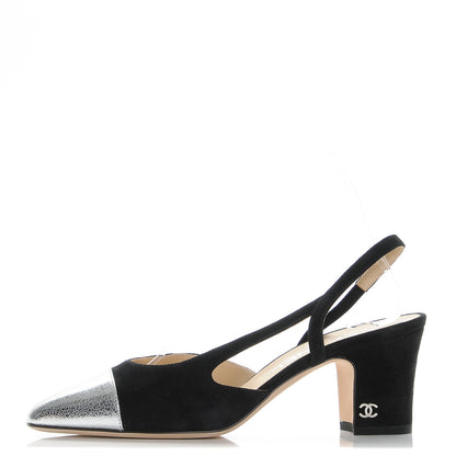 Chanel Kid Suede Metallic Lambskin Cap Toe CC Slingback Pumps 36 Black Silver 1 of 9