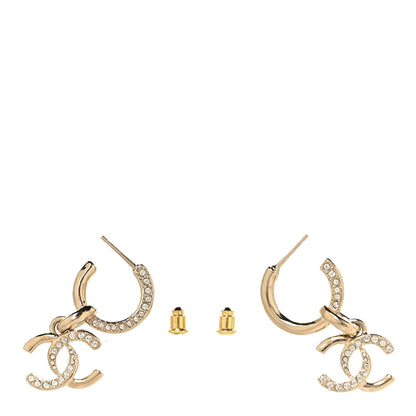 Chanel Crystal Bead CC Hoop Drop Earrings Light Gold 4 of 8