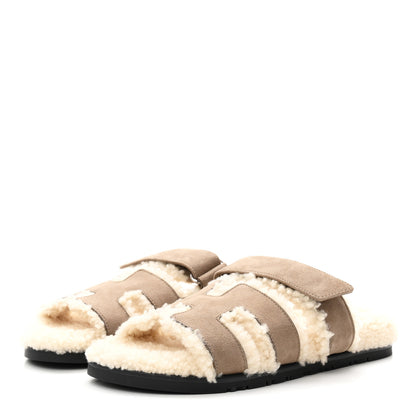 Hermes Suede Goatskin Woolskin Womens Chypre Sandals 38.5 Etoupe 4 of 8