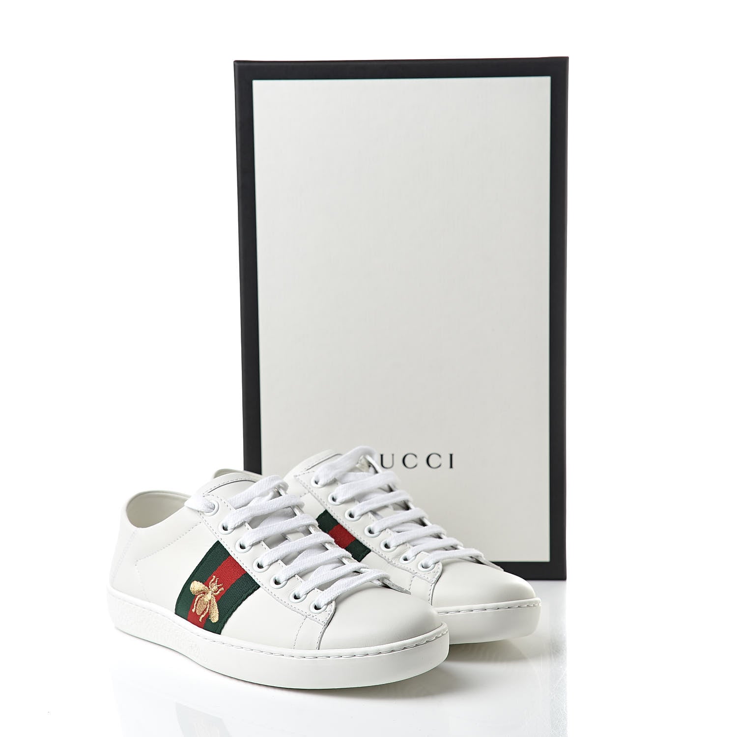 Gucci Calfskin Web Bee Embroidered Womens Ace Sneakers 35 White Green 9 of 9