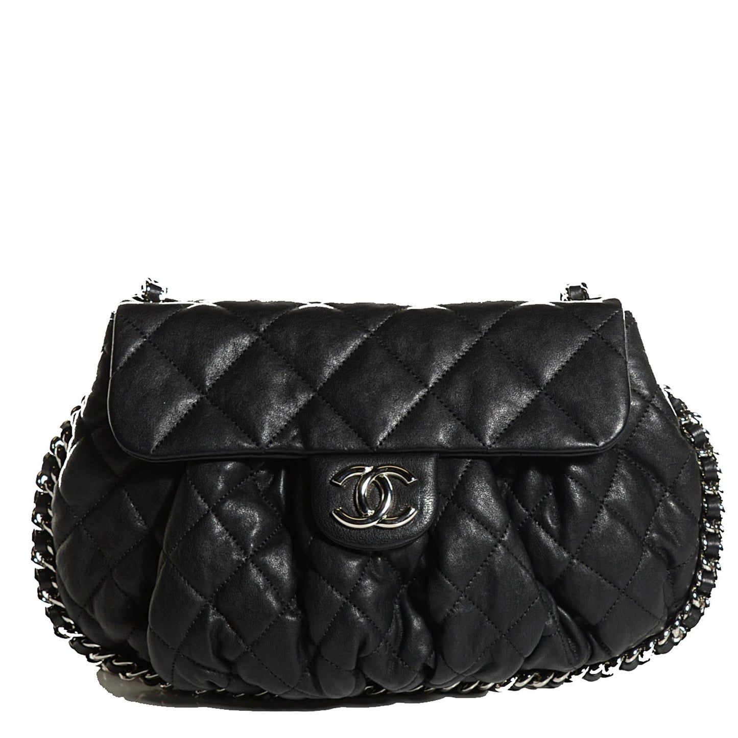 Washed Lambskin Quilted Medium Chain Around Messenger Black