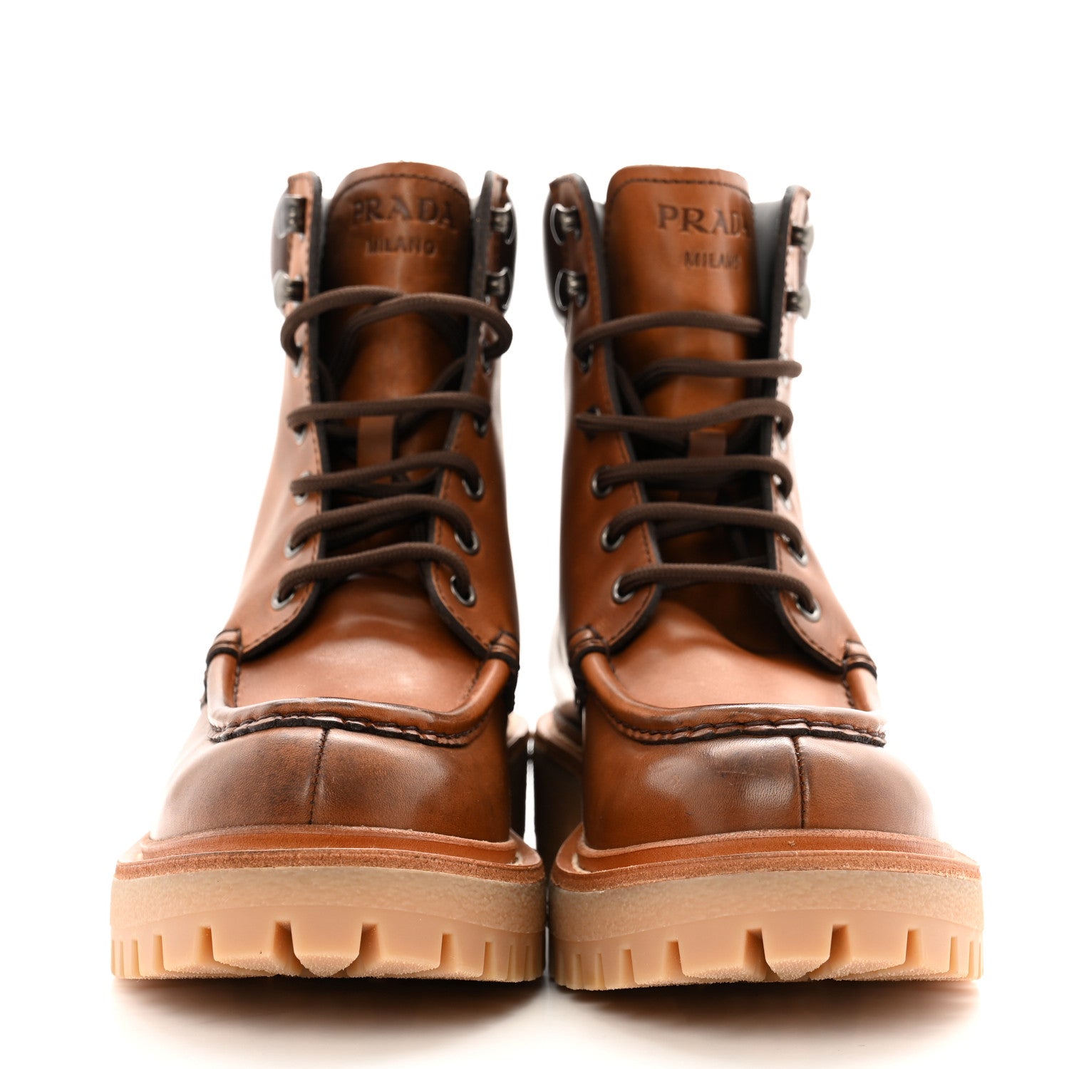 Prada Vitello Lace Up Boots 35.5 Cognac 3 of 12