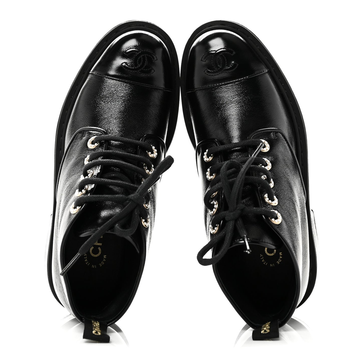 Shiny Calfskin Pearl Lace Up Combat Short Boots 38 Black