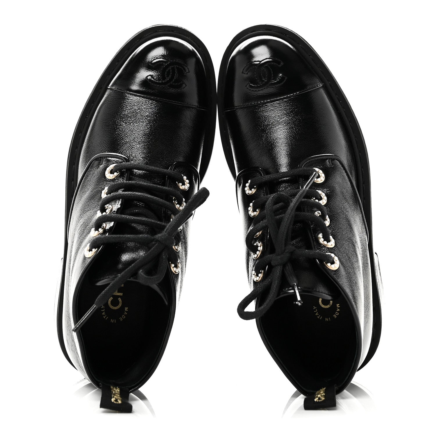 Chanel Shiny Calfskin Pearl Lace Up Combat Short Boots 38 Black 2 of 10