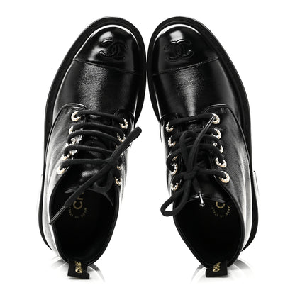 Chanel Shiny Calfskin Pearl Lace Up Combat Short Boots 38 Black 2 of 10