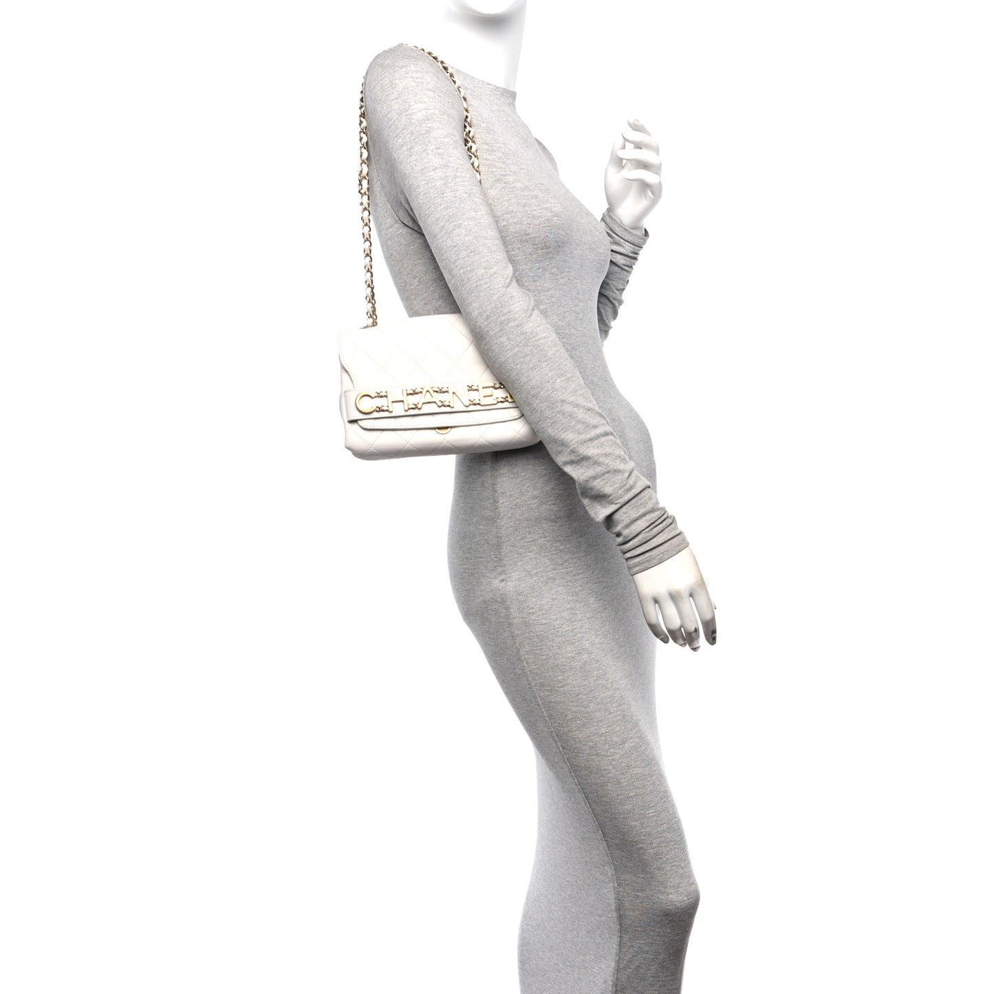 Calfskin Quilted Small Enchained Flap White