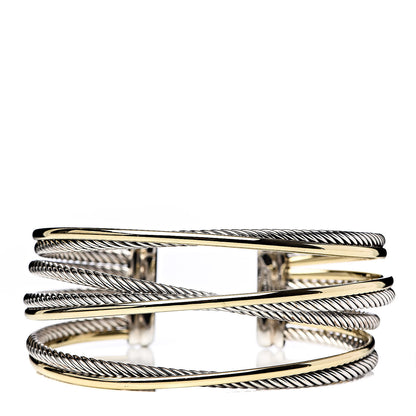 David Yurman Sterling Silver 18K Yellow Gold 21mm Four Row Crossover Cuff Bracelet 1 of 5