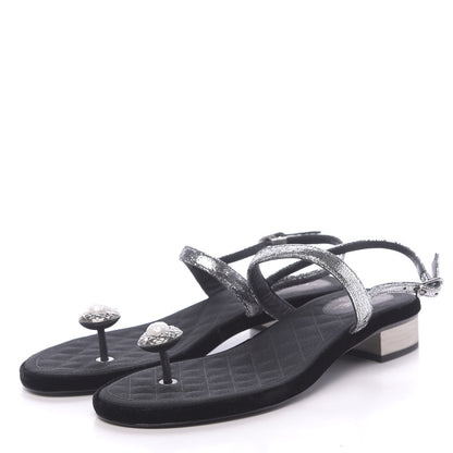 Chanel Metallized Goatskin Pearl CC Thong Sandals 40 Silver 3 of 7