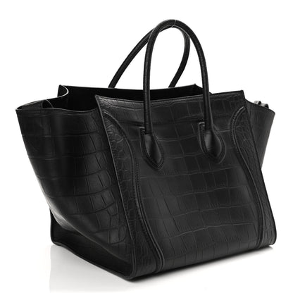 Celine Calfskin Crocodile Embossed Medium Phantom Luggage Black 3 of 10
