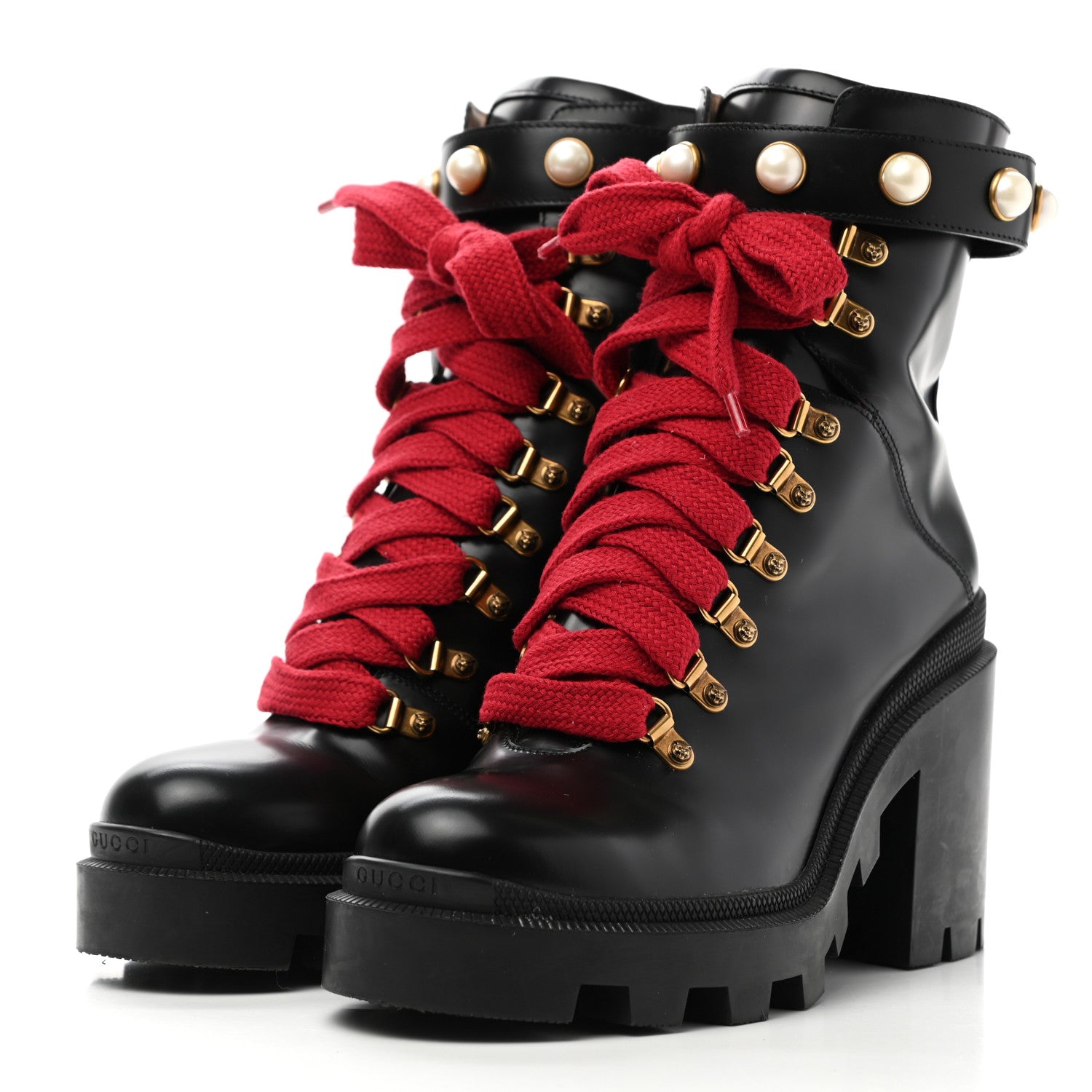 Gucci Magnum Calfskin Pearl Lace Up Combat Ankle Boots 39 Black 3 of 9