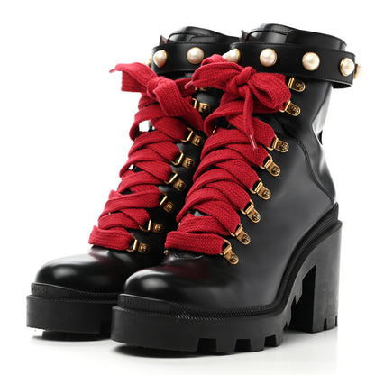 Gucci Magnum Calfskin Pearl Lace Up Combat Ankle Boots 39 Black 3 of 9