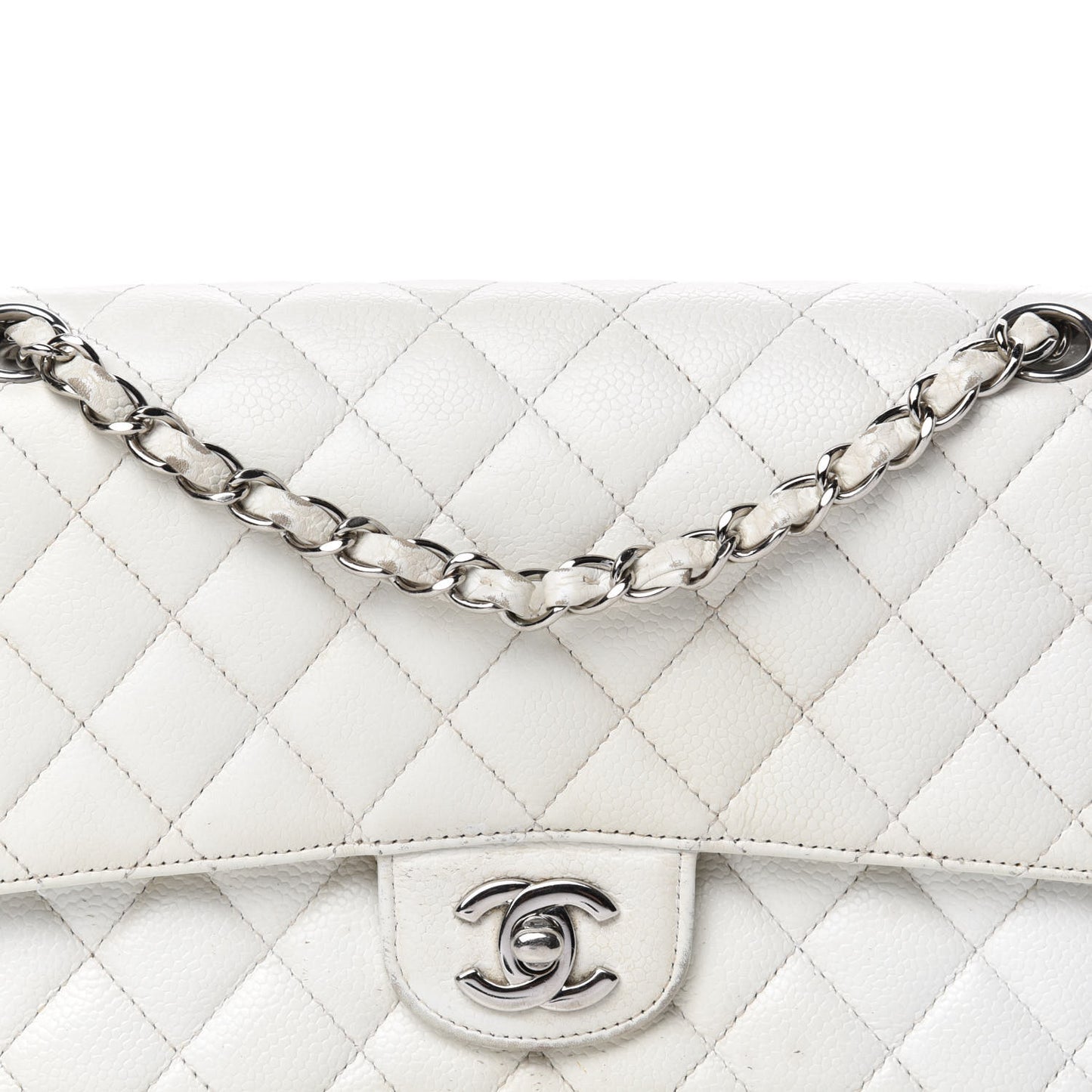 Caviar Quilted Medium Double Flap White