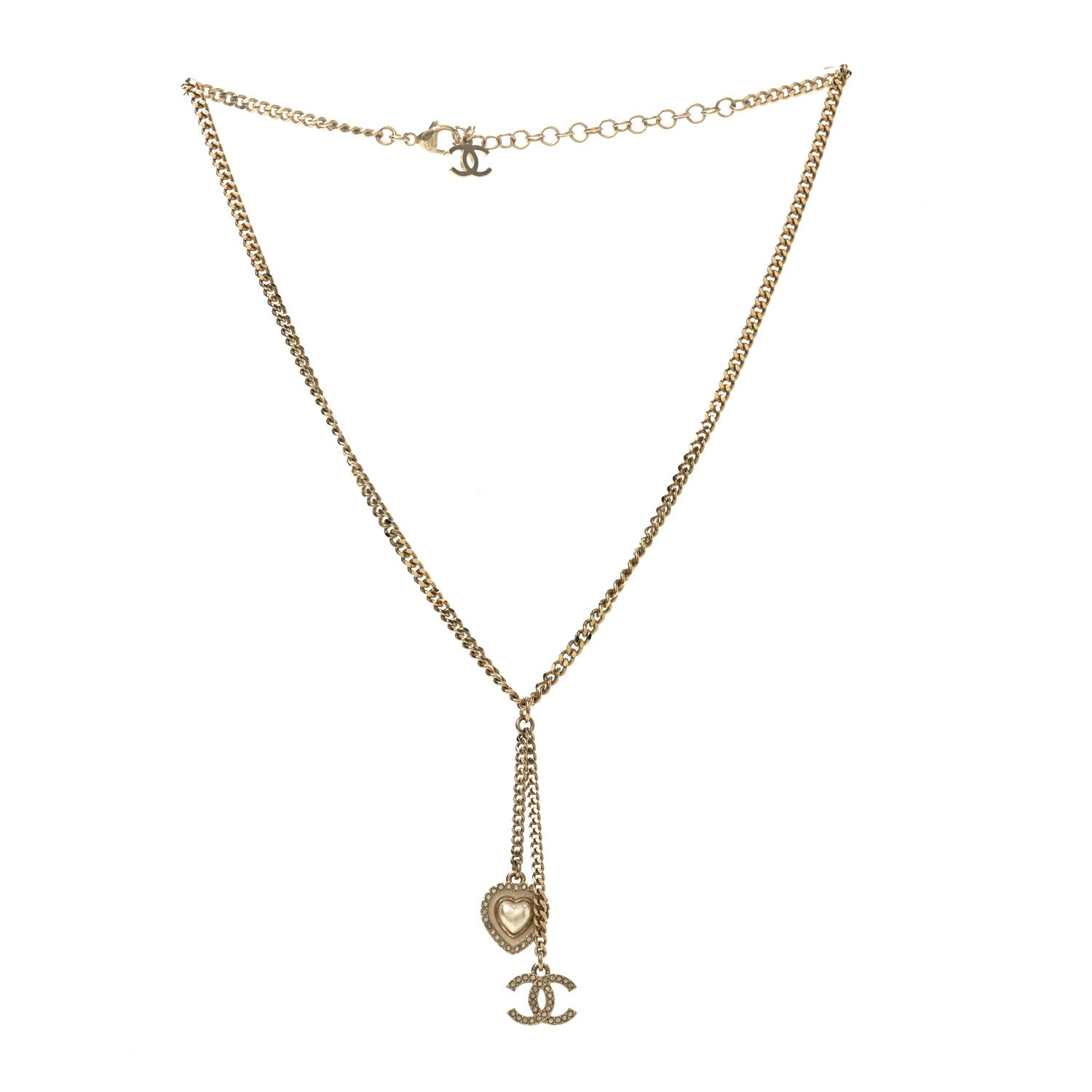 Chanel Pearl Crystal CC Heart Necklace Gold Pearly White 3 of 5