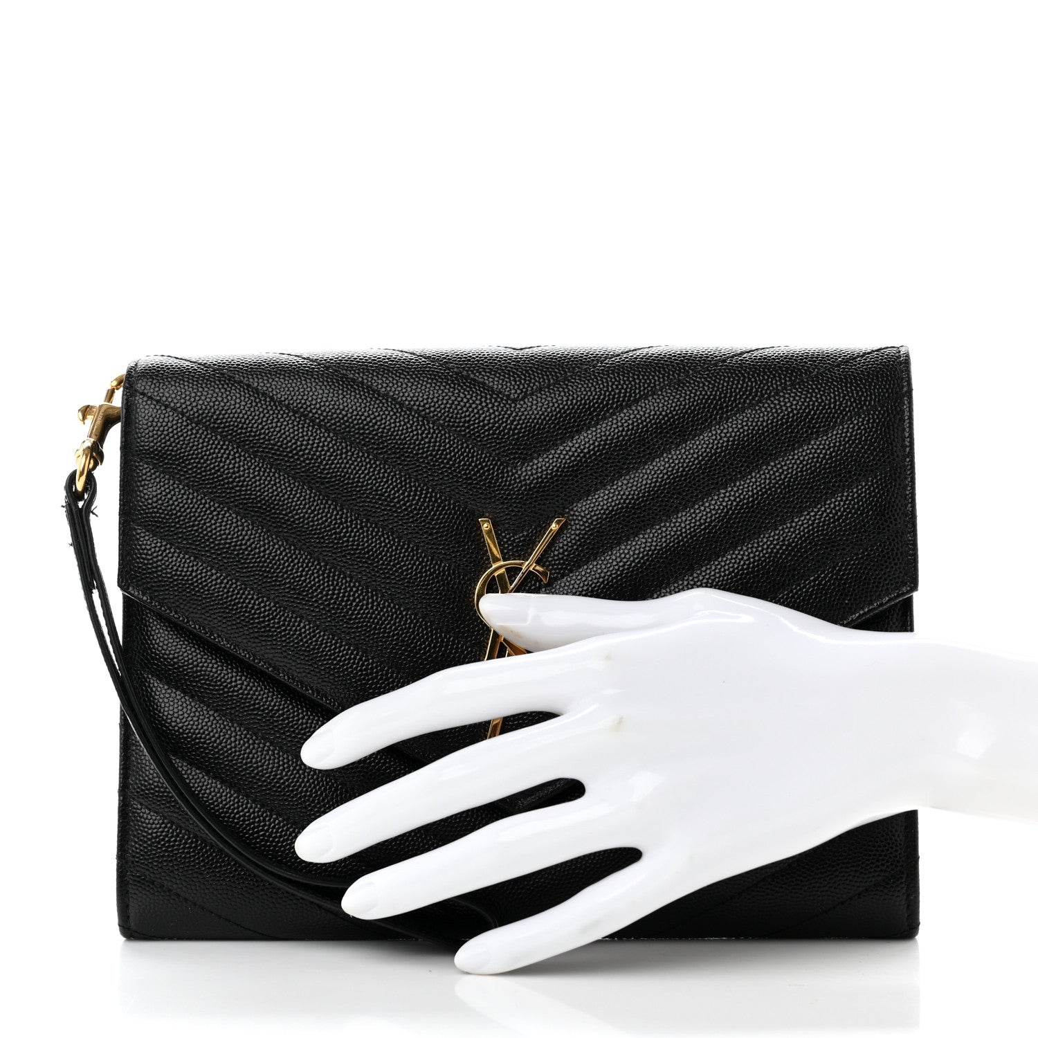 Saint Laurent Grain De Poudre Matelasse Chevron Monogram Envelope Clutch Black 3 of 9