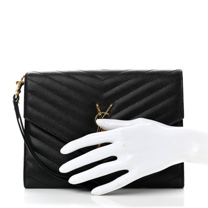 Saint Laurent Grain De Poudre Matelasse Chevron Monogram Envelope Clutch Black 2 of 8