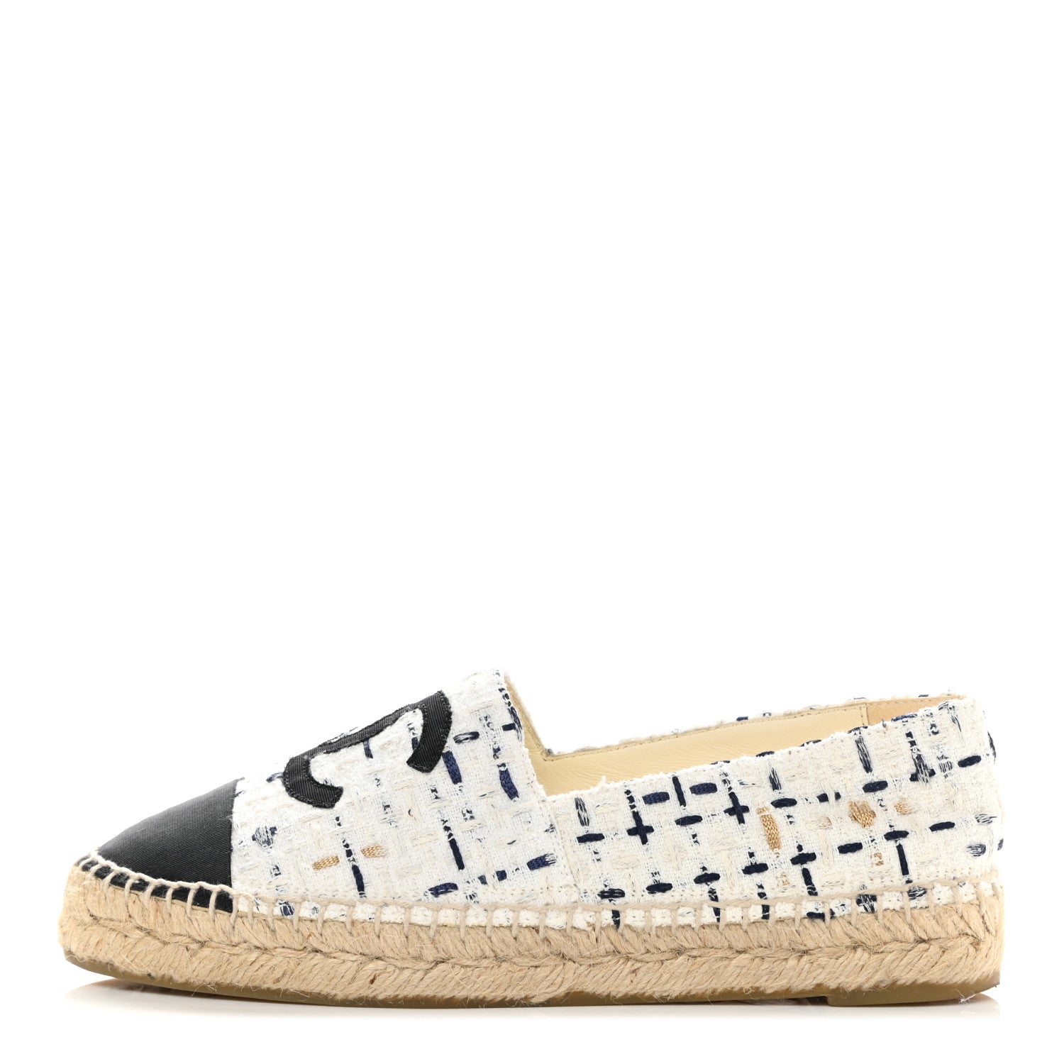 Chanel Tweed Grosgrain CC Espadrilles 38 White Beige Black 1 of 9