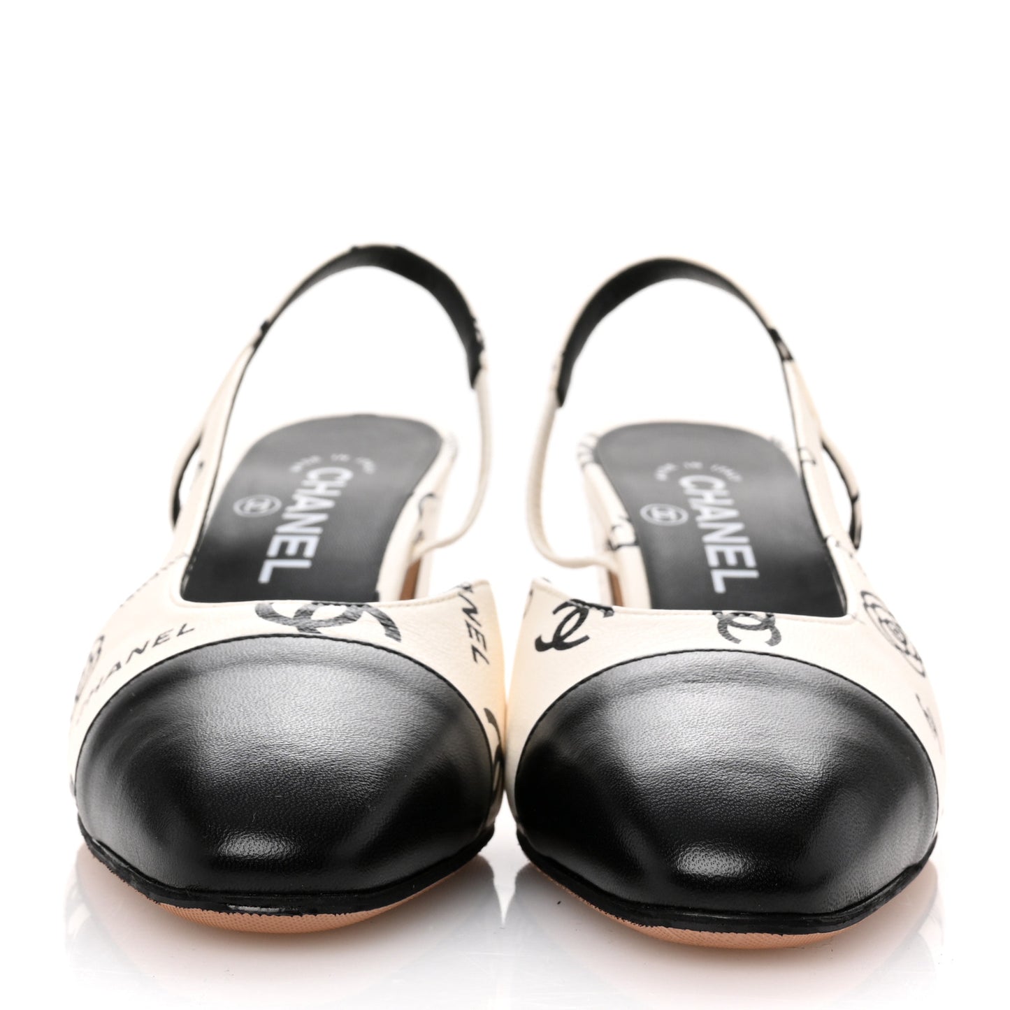 Printed Lambskin Cap Toe CC Slingback Pumps 38 Black White