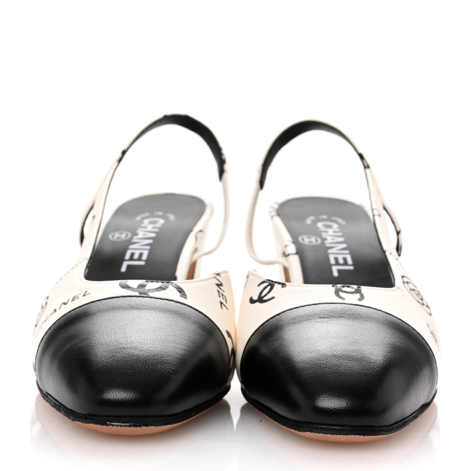 Chanel Printed Lambskin Cap Toe CC Slingback Pumps 38 Black White 3 of 10