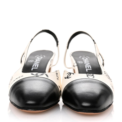 Chanel Printed Lambskin Cap Toe CC Slingback Pumps 38 Black White 3 of 10