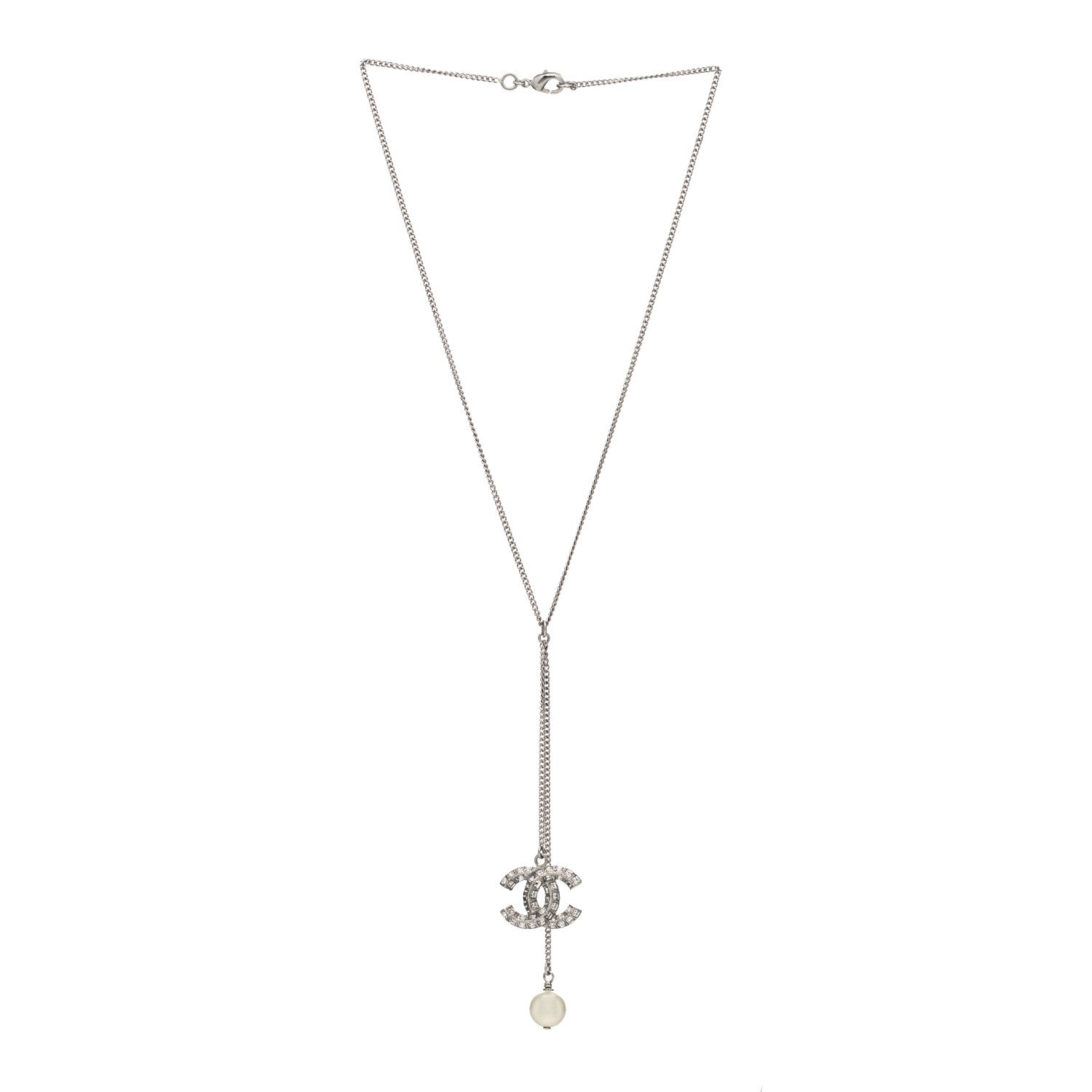 Chanel Baguette Crystal Pearl CC Lariat Necklace Silver 3 of 5