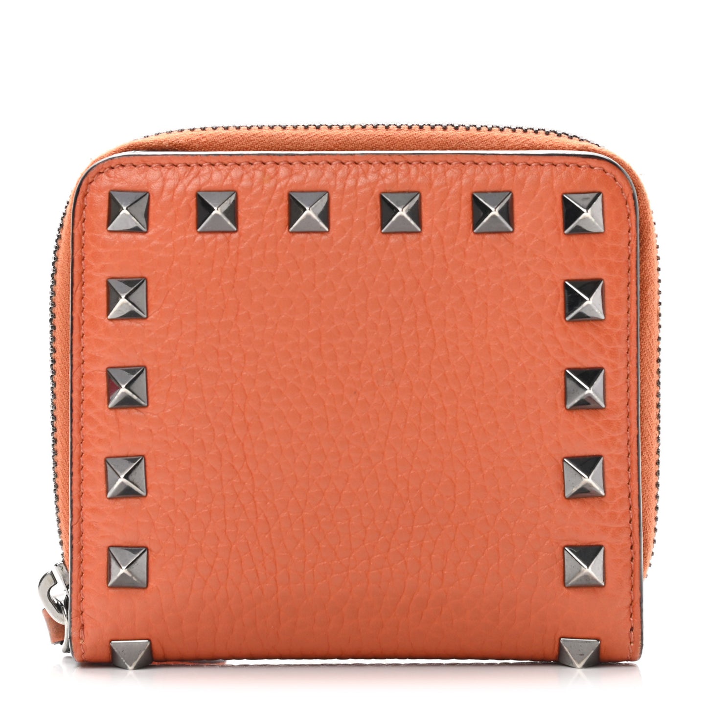 Pebbled Calfskin Rockstud Compact Zip Around Wallet Orange