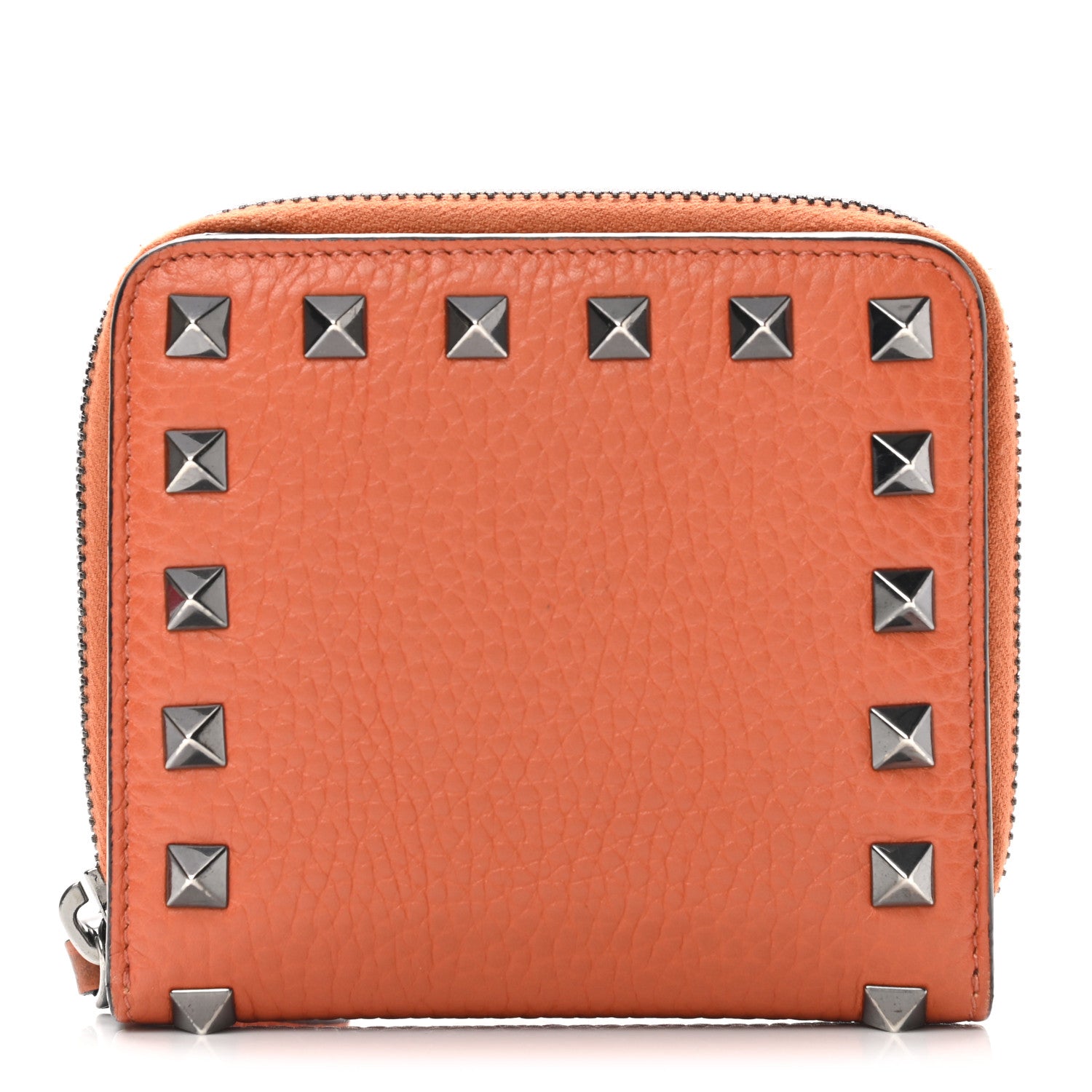 Valentino Garavani Pebbled Calfskin Rockstud Compact Zip Around Wallet Orange 1 of 11