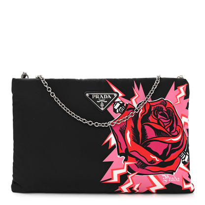 Prada X UNIVERSAL STUDIOS Tessuto Nylon Soft Padded Frankenstein Rose Medium Chain Clutch Bag Lacca 1 of 11