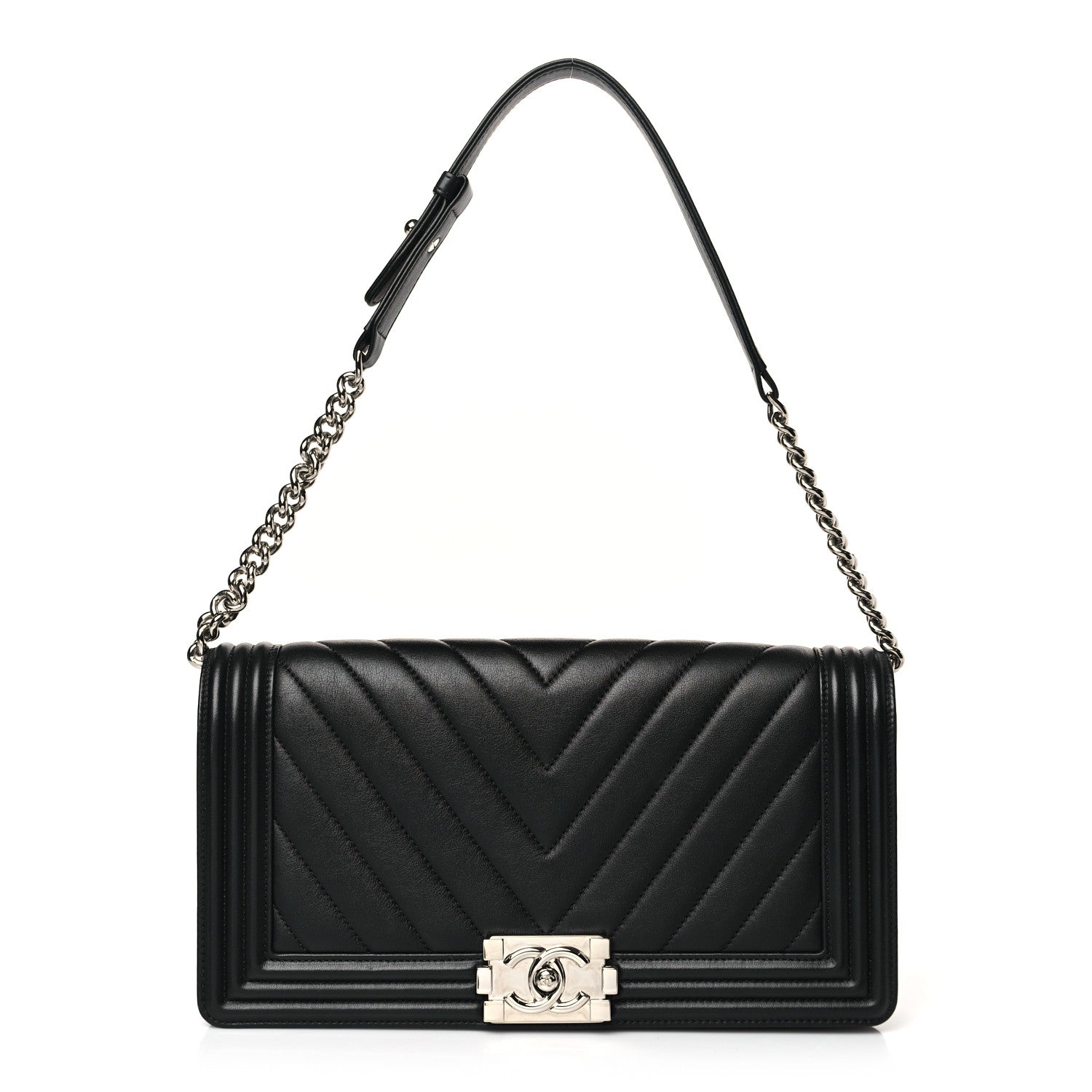 Chanel Calfskin Chevron Quilted Boy Convertible Clutch Flap Black 1 of 9