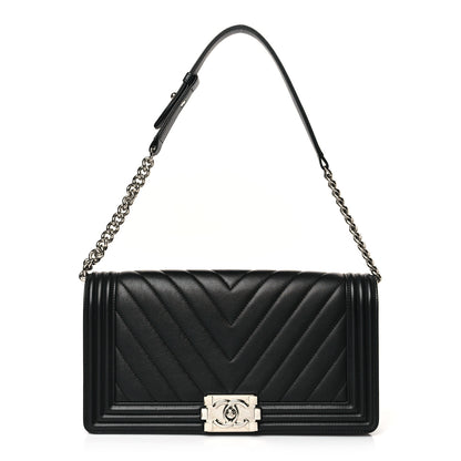 Chanel Calfskin Chevron Quilted Boy Convertible Clutch Flap Black 1 of 9