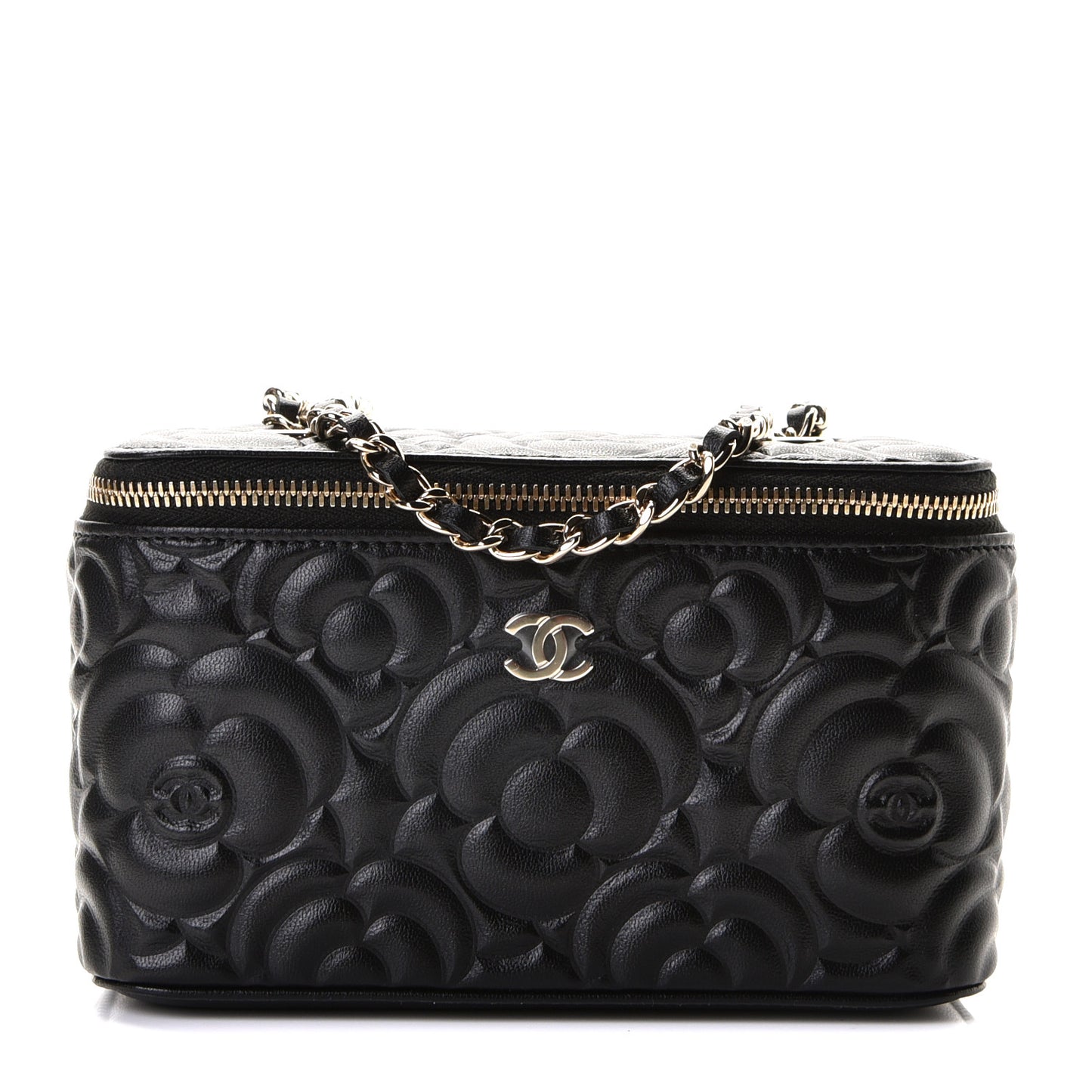 Lambskin Camellia Embossed Small Vanity Case With Chain Black