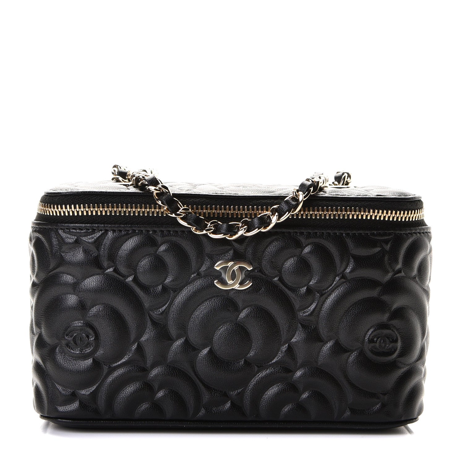 Chanel Lambskin Camellia Embossed Small Vanity Case With Chain Black 1 of 8