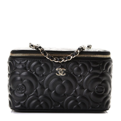 Chanel Lambskin Camellia Embossed Small Vanity Case With Chain Black 1 of 8