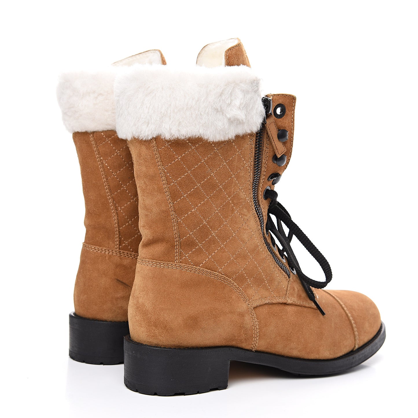 Suede Calfskin Shearling Quilted CC Tall Lace Up Combat Boots 42 Marron Ecru