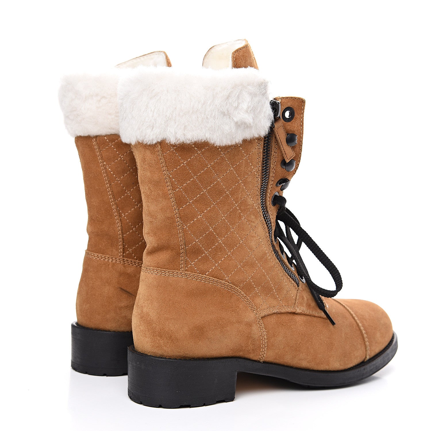 Chanel Suede Calfskin Shearling Quilted CC Tall Lace Up Combat Boots 42 Marron Ecru 4 of 10
