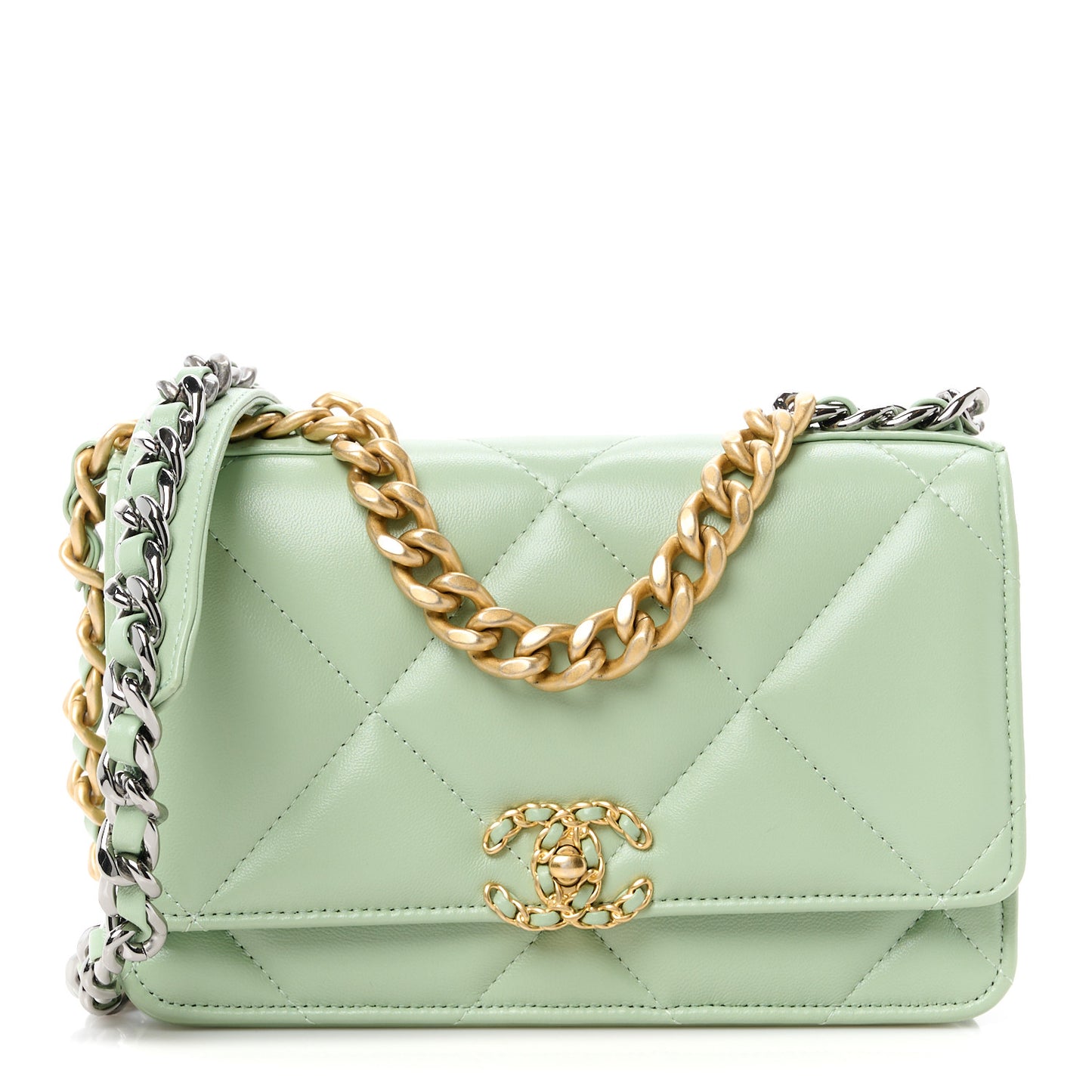 Lambskin Quilted Chanel 19 Wallet On Chain WOC Light Green